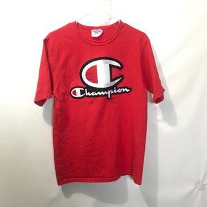 Vintage Embroidered Red Champion Medium Logo Short Sleeve Tee Shirt